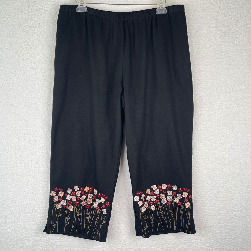 CJ Banks Black Linen Blend Floral Embroidered Cropped Pants Plus Size 16W 2005‎